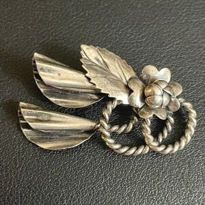 Vintage Sterling Silver Brooch Artisan Floral Leaf Pin Twisted Rope Ribbon 925